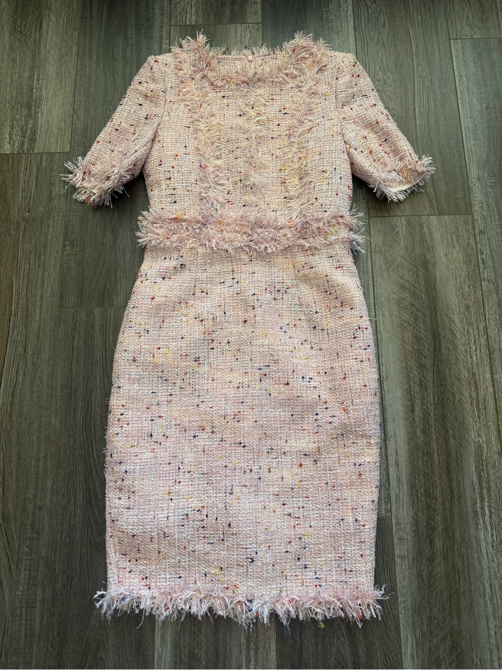 Pink Tweed Fringe Midi Dress